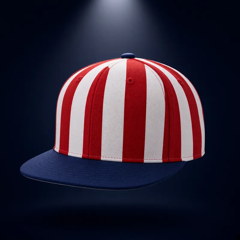 Fitted cap with a red and white striped crown and a flat navy brim