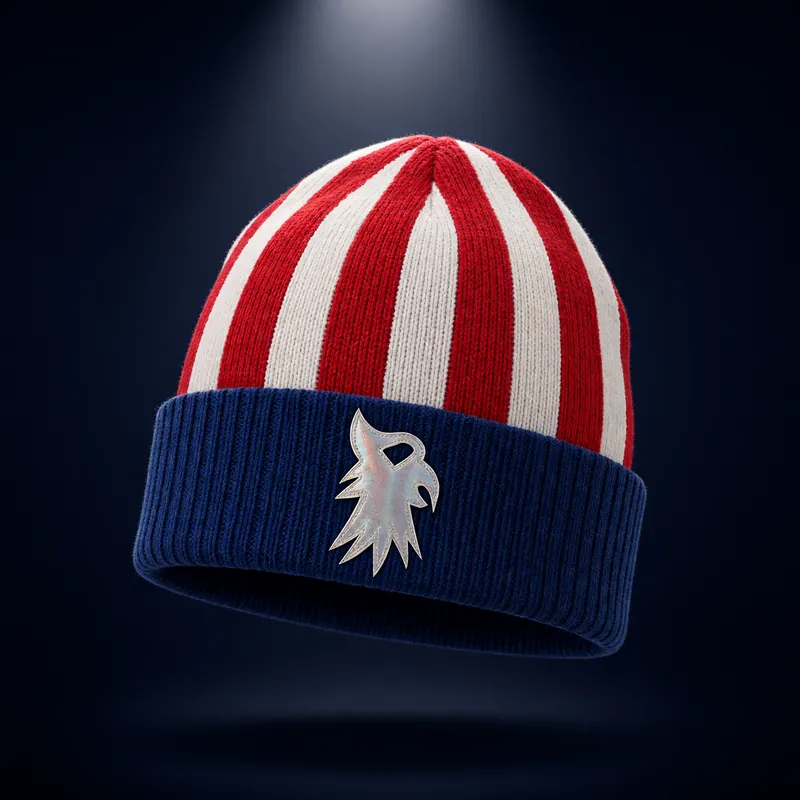 Red and white striped knit beanie with a navy cuff and a silver eagle patch